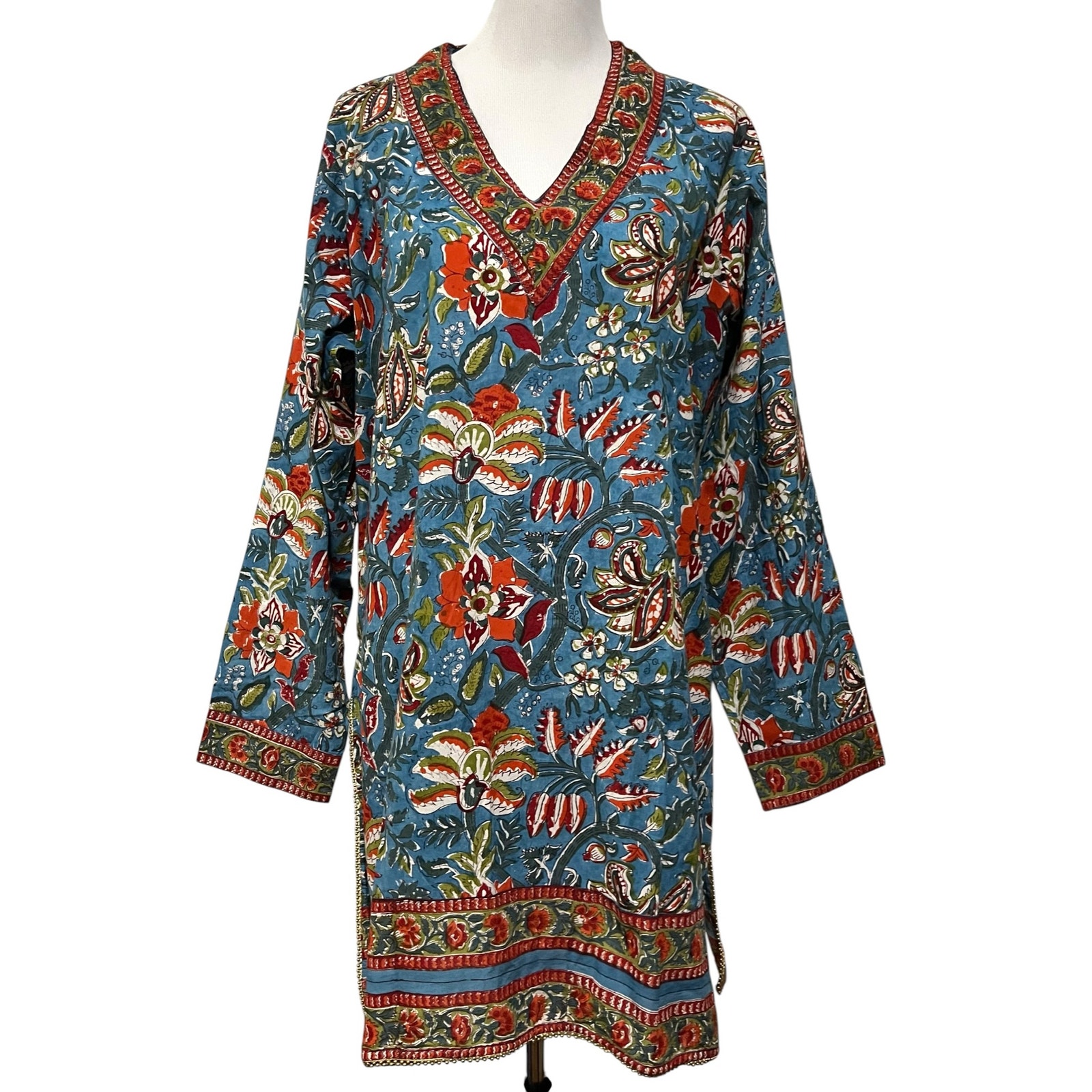 Pax Philomena Fleury Blue Floral Cotton Tunic Hand Block Printed Beaded Top Xxl — image 2 of 8
